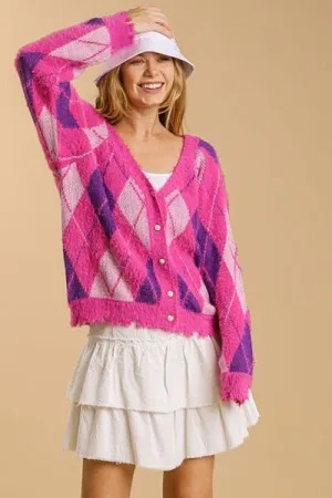 Umgee Hot Pink Argyle Pattern V-Neck Button Front Cardigan