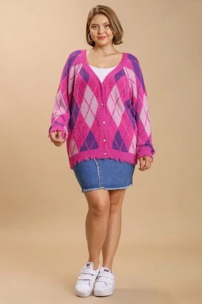Umgee Hot Pink Argyle Pattern V-Neck Button Front Cardigan