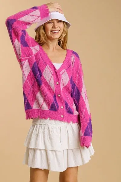Umgee Hot Pink Argyle Pattern V-Neck Button Front Cardigan