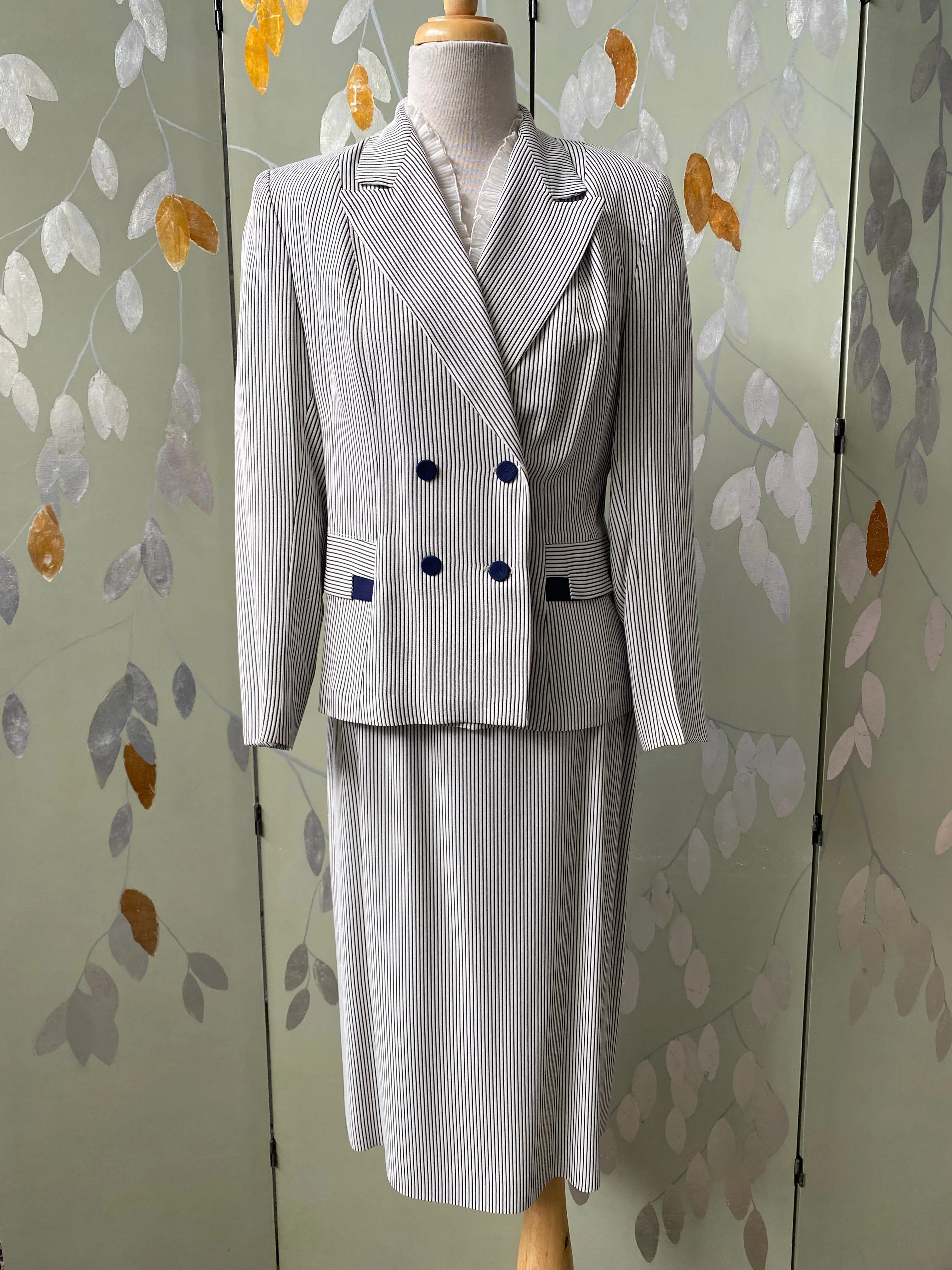 Vintage 1950s Navy & White Pin-Stripe Skirt Suit, Henry Rosenfeld, Small