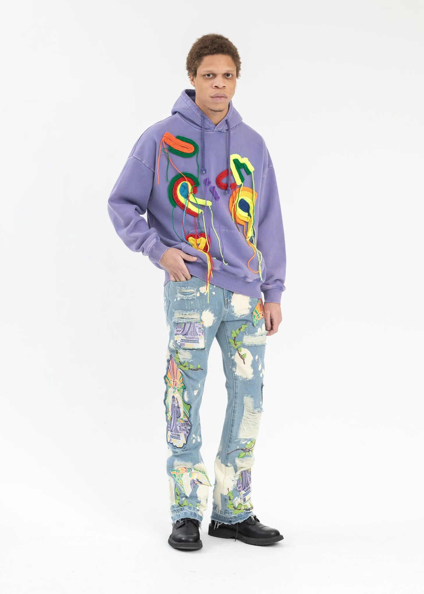 WASHED PURPLE RICH EMBROIDERY PATCHWORK  HOODIES