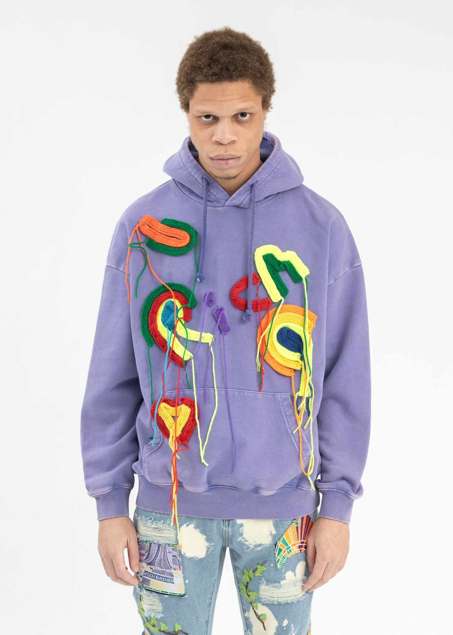WASHED PURPLE RICH EMBROIDERY PATCHWORK  HOODIES