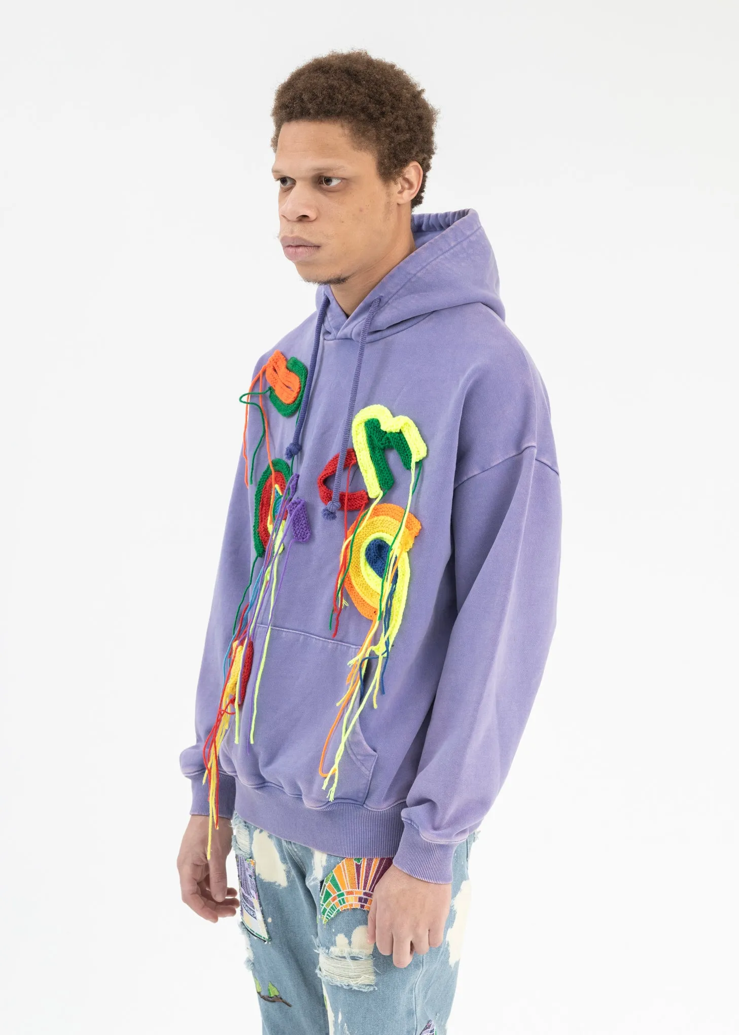 WASHED PURPLE RICH EMBROIDERY PATCHWORK  HOODIES