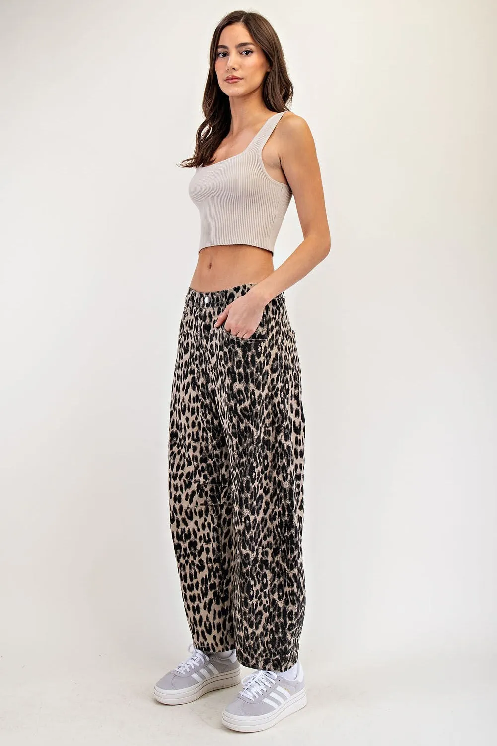 With A Leap Chestnut Leopard Print Barrel Jean