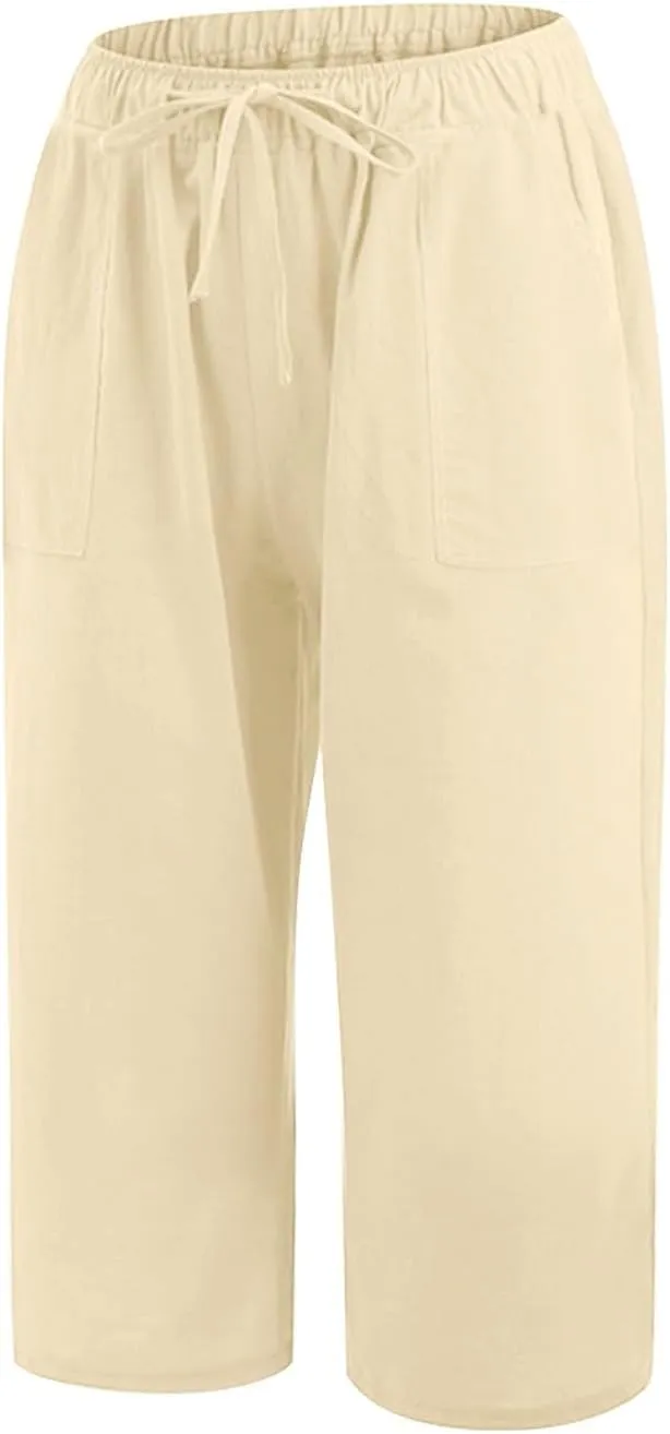 Women Fashion Solid Color Cotton Elastic Long Pants Beach Leisure Trousers Crop Length Pants Linen