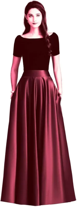 Women Long Satin Skirts A-Line Flared Maxi Skirts Floor Length Formal Prom Party Skirts with Pockets
