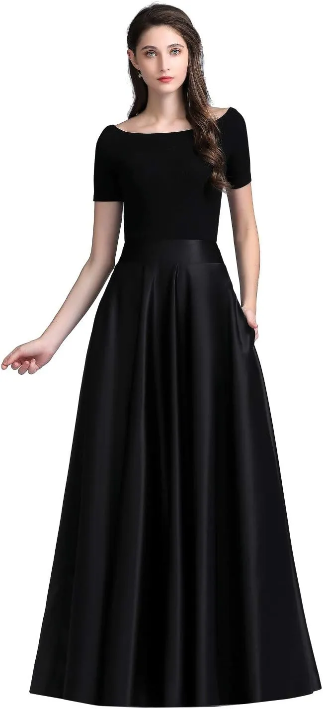 Women Long Satin Skirts A-Line Flared Maxi Skirts Floor Length Formal Prom Party Skirts with Pockets