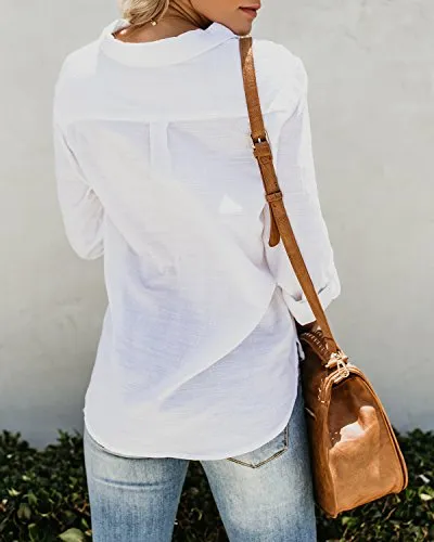 Womens Button Down V Neck Shirts Roll Up Long Sleeve Blouse Loose Fit Casual Work Plain Tops with Pockets White