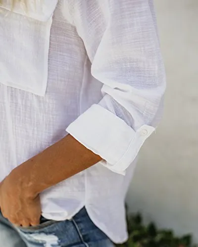 Womens Button Down V Neck Shirts Roll Up Long Sleeve Blouse Loose Fit Casual Work Plain Tops with Pockets White