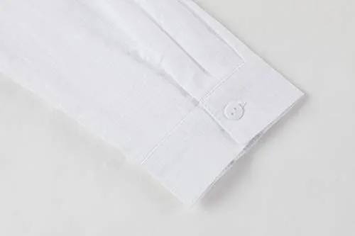 Womens Button Down V Neck Shirts Roll Up Long Sleeve Blouse Loose Fit Casual Work Plain Tops with Pockets White