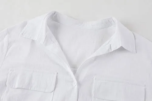 Womens Button Down V Neck Shirts Roll Up Long Sleeve Blouse Loose Fit Casual Work Plain Tops with Pockets White