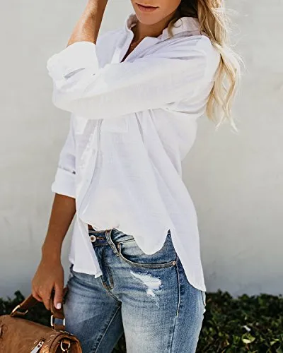 Womens Button Down V Neck Shirts Roll Up Long Sleeve Blouse Loose Fit Casual Work Plain Tops with Pockets White