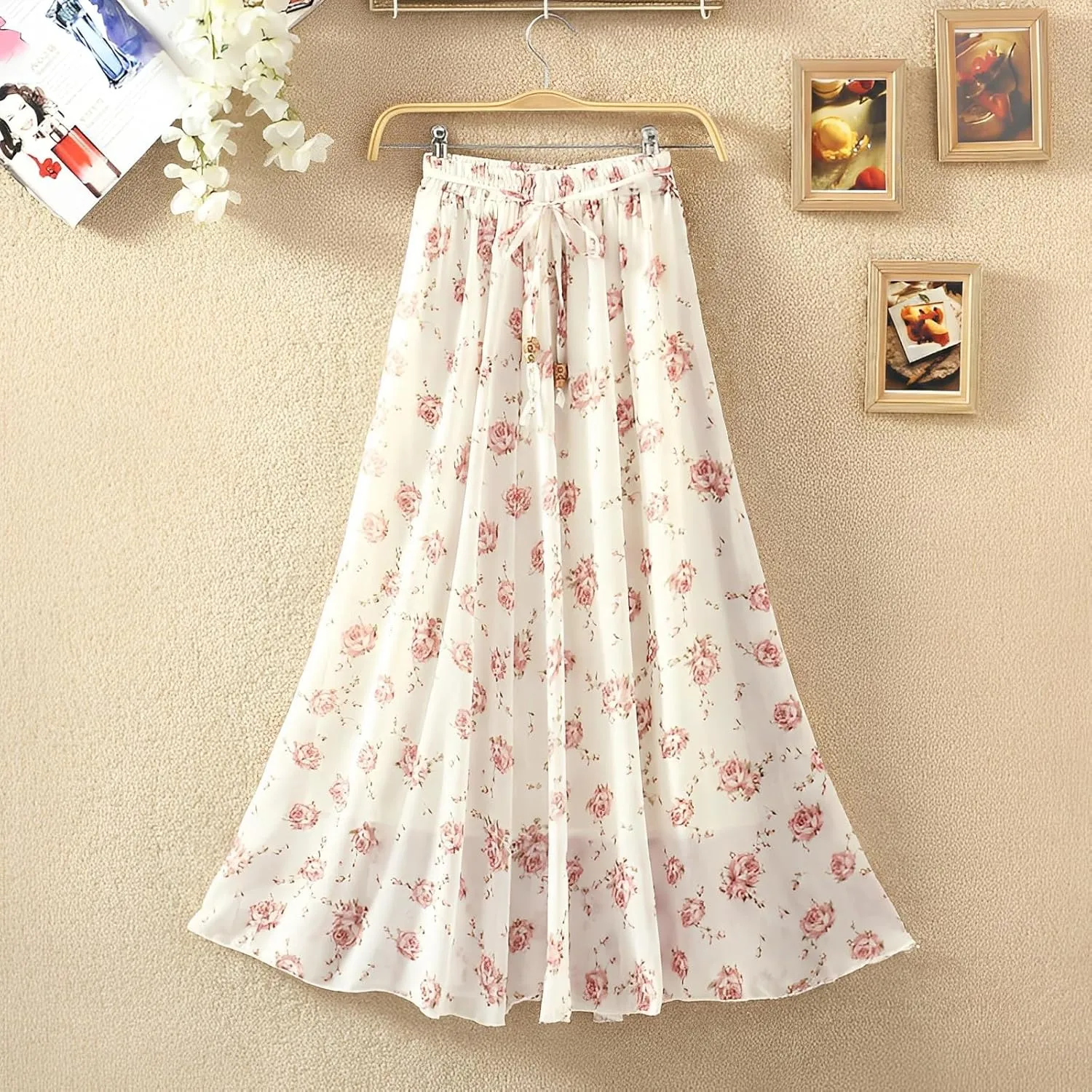 Women's Chiffon Floral Elastic Waist Flowy Swing Skirts Summer Trendy A Line Ruffle Flared Midi Skirt with Drawstring