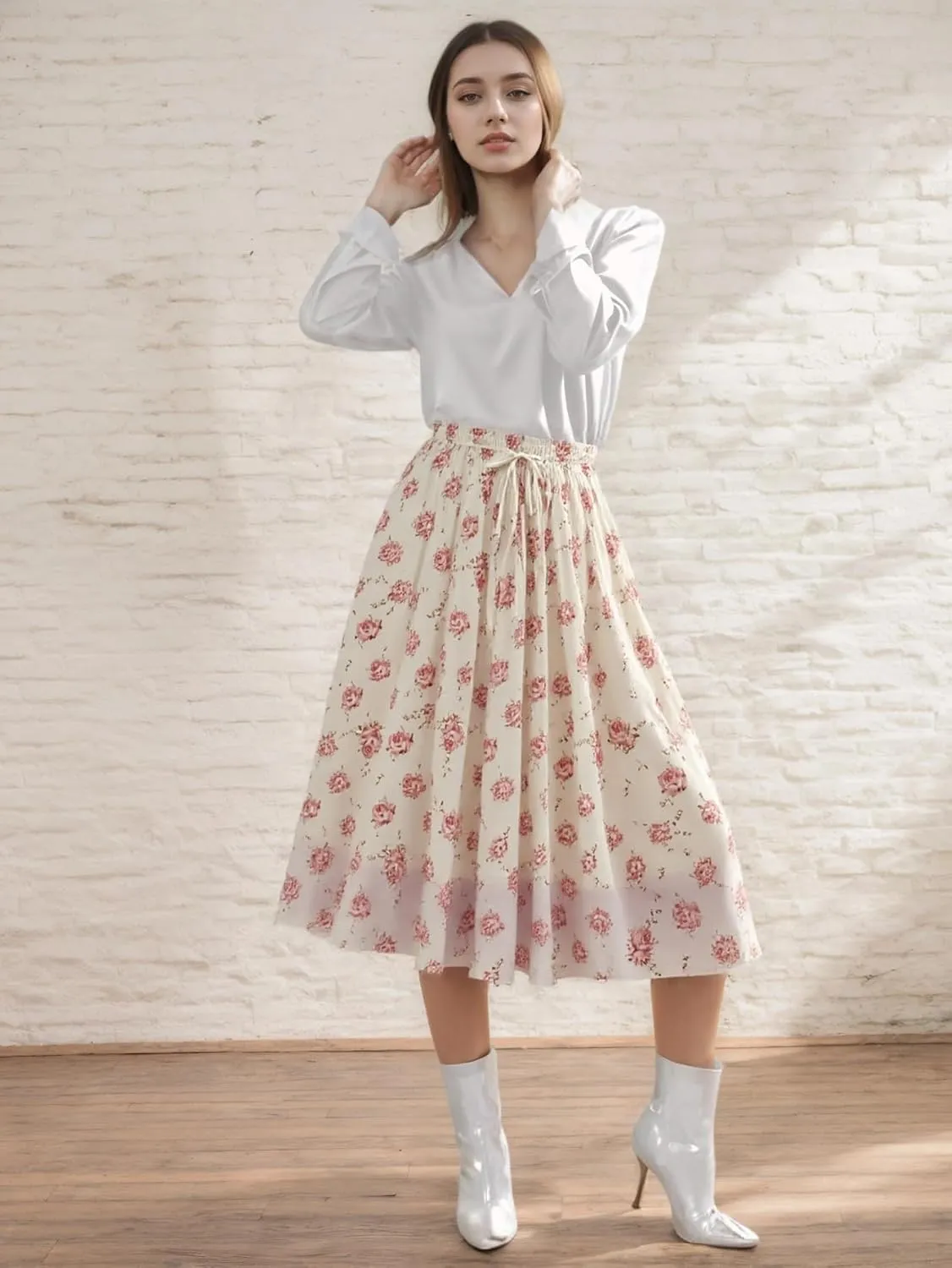 Women's Chiffon Floral Elastic Waist Flowy Swing Skirts Summer Trendy A Line Ruffle Flared Midi Skirt with Drawstring