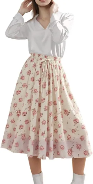 Women's Chiffon Floral Elastic Waist Flowy Swing Skirts Summer Trendy A Line Ruffle Flared Midi Skirt with Drawstring