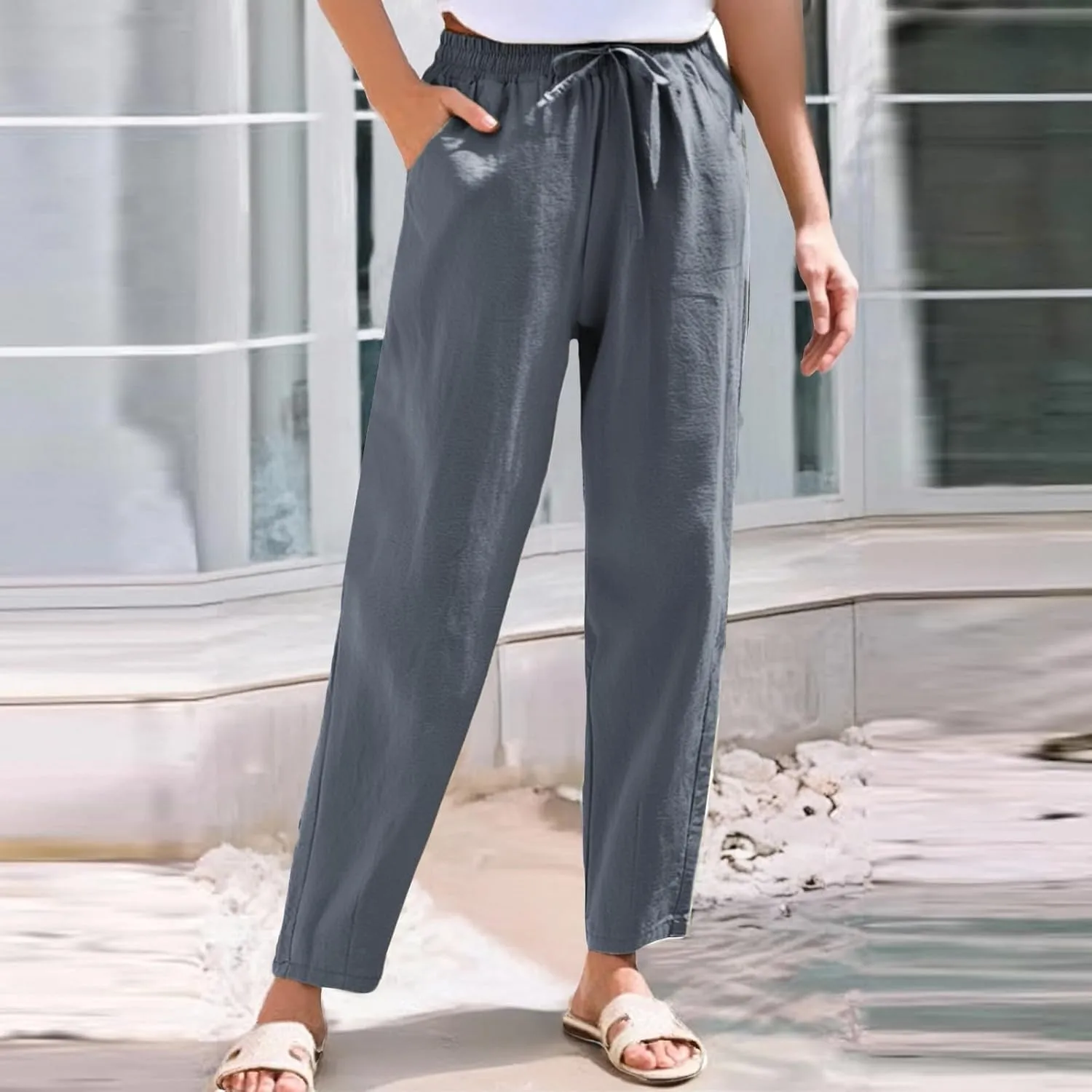 Womens Dress Pants Wide Leg High Waisted Cotton Linen Petite,Linen Sweatpants, Cargo Trousers with Pockets