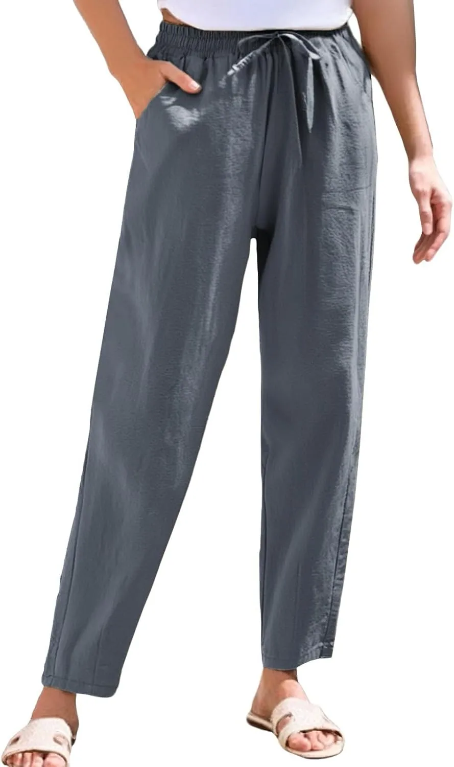 Womens Dress Pants Wide Leg High Waisted Cotton Linen Petite,Linen Sweatpants, Cargo Trousers with Pockets