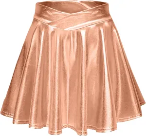 Women's Fashion High Waist Pleated Solid Color Short Skirt Loose Skirt Metallic Skater Skirt Sparkly Shiny Flared