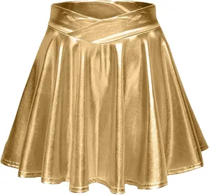 Women's Fashion High Waist Pleated Solid Color Short Skirt Loose Skirt Metallic Skater Skirt Sparkly Shiny Flared