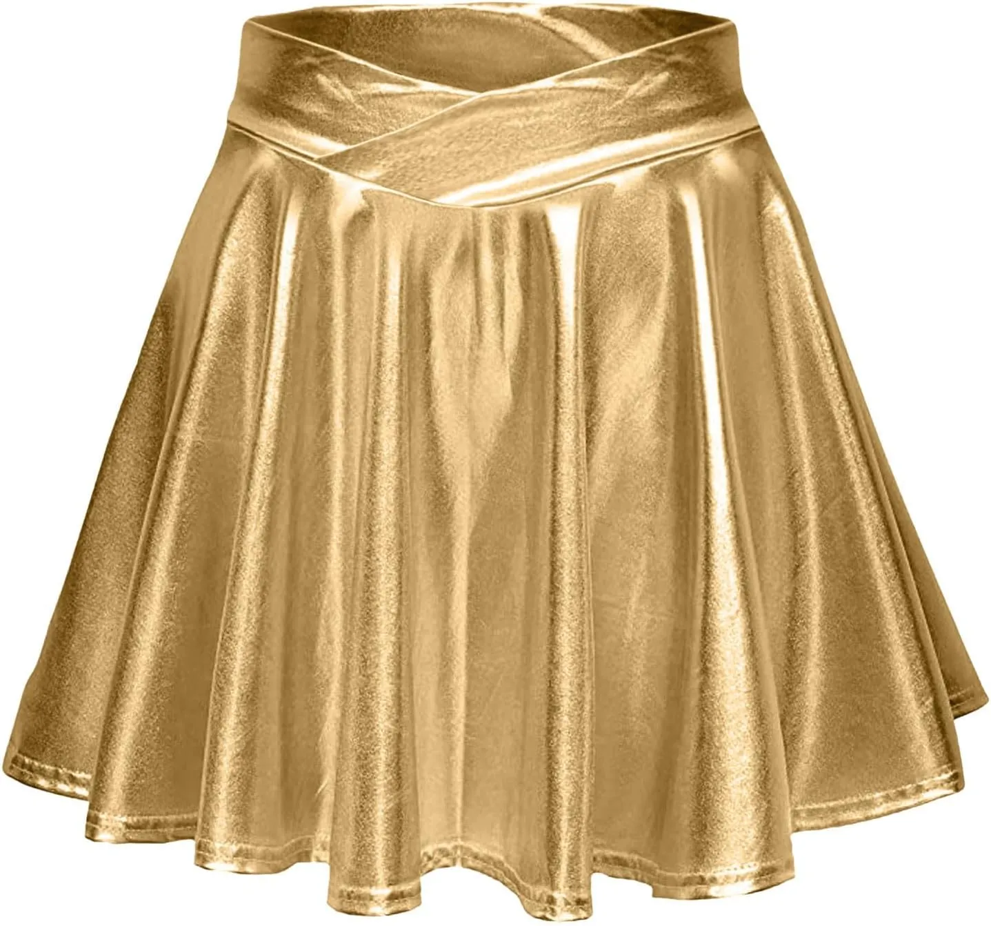 Women's Fashion High Waist Pleated Solid Color Short Skirt Loose Skirt Metallic Skater Skirt Sparkly Shiny Flared