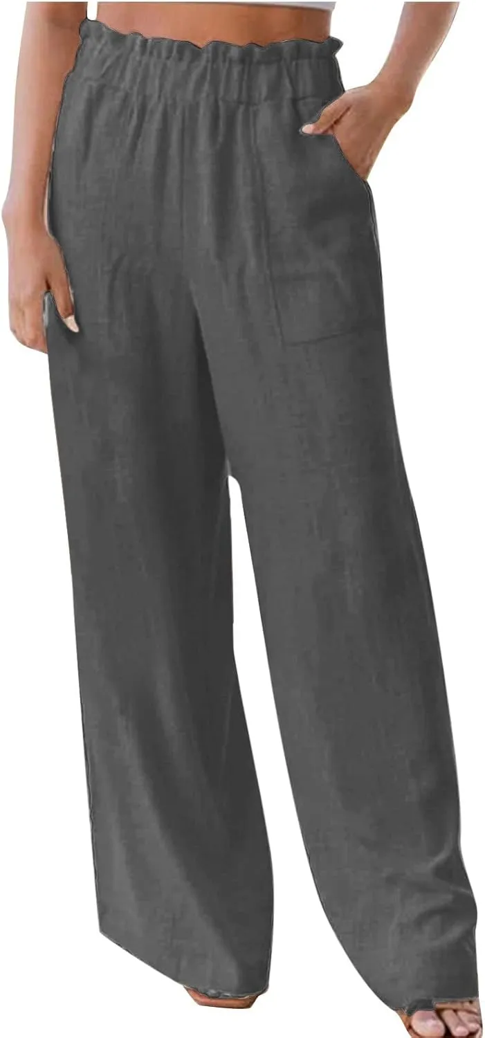 Womens Linen Palazzo Pants with Pockets Wide Leg Summer Bottoms Boho Pants Loose Fit Casual Trousers Lounge