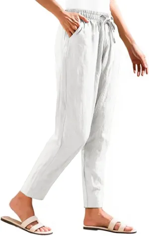 Womens Linen Pants Straight Leg Elastic Drawstring Casual Loose Trousers Summer Beach Lounge Pants with Pockets
