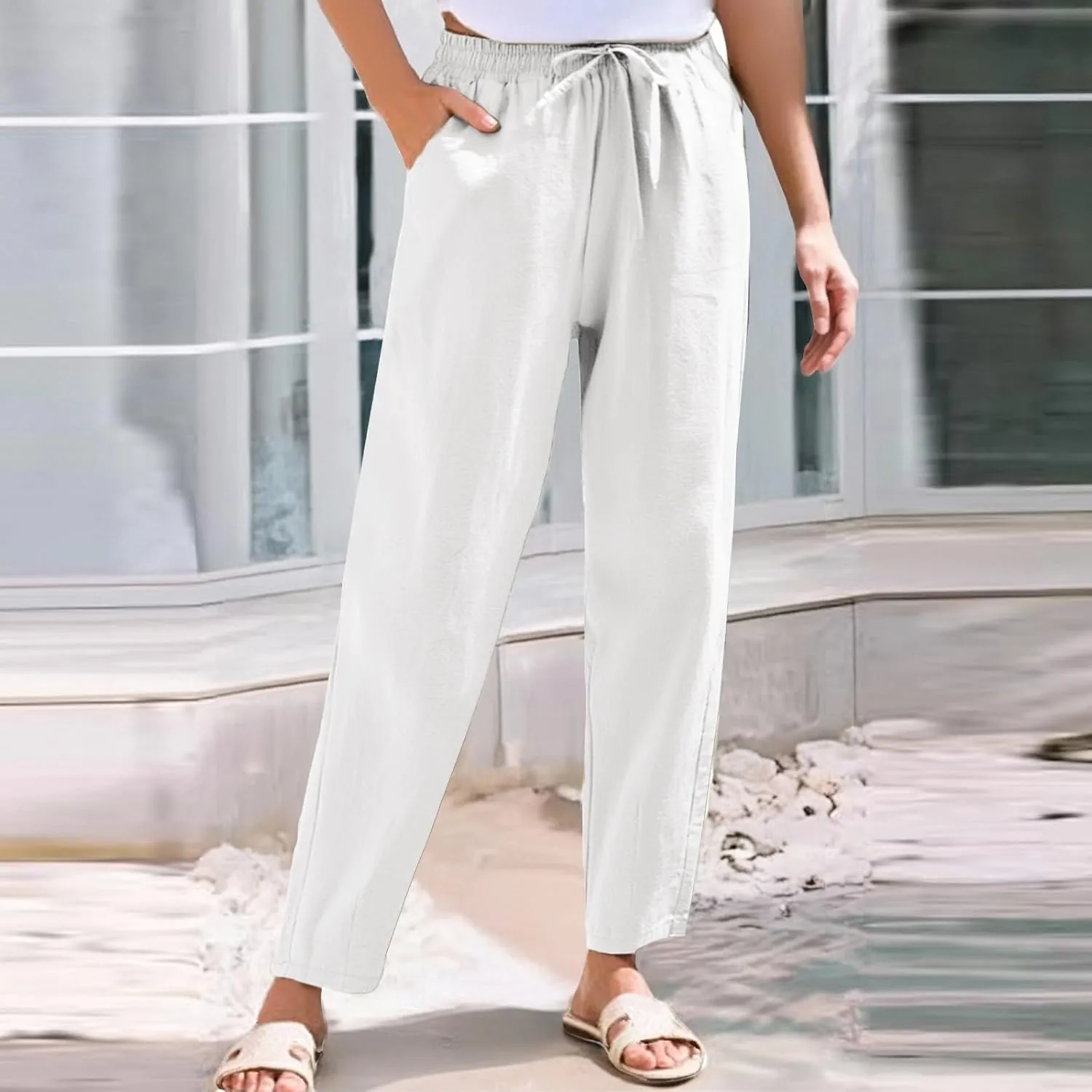 Womens Linen Pants Straight Leg Elastic Drawstring Casual Loose Trousers Summer Beach Lounge Pants with Pockets