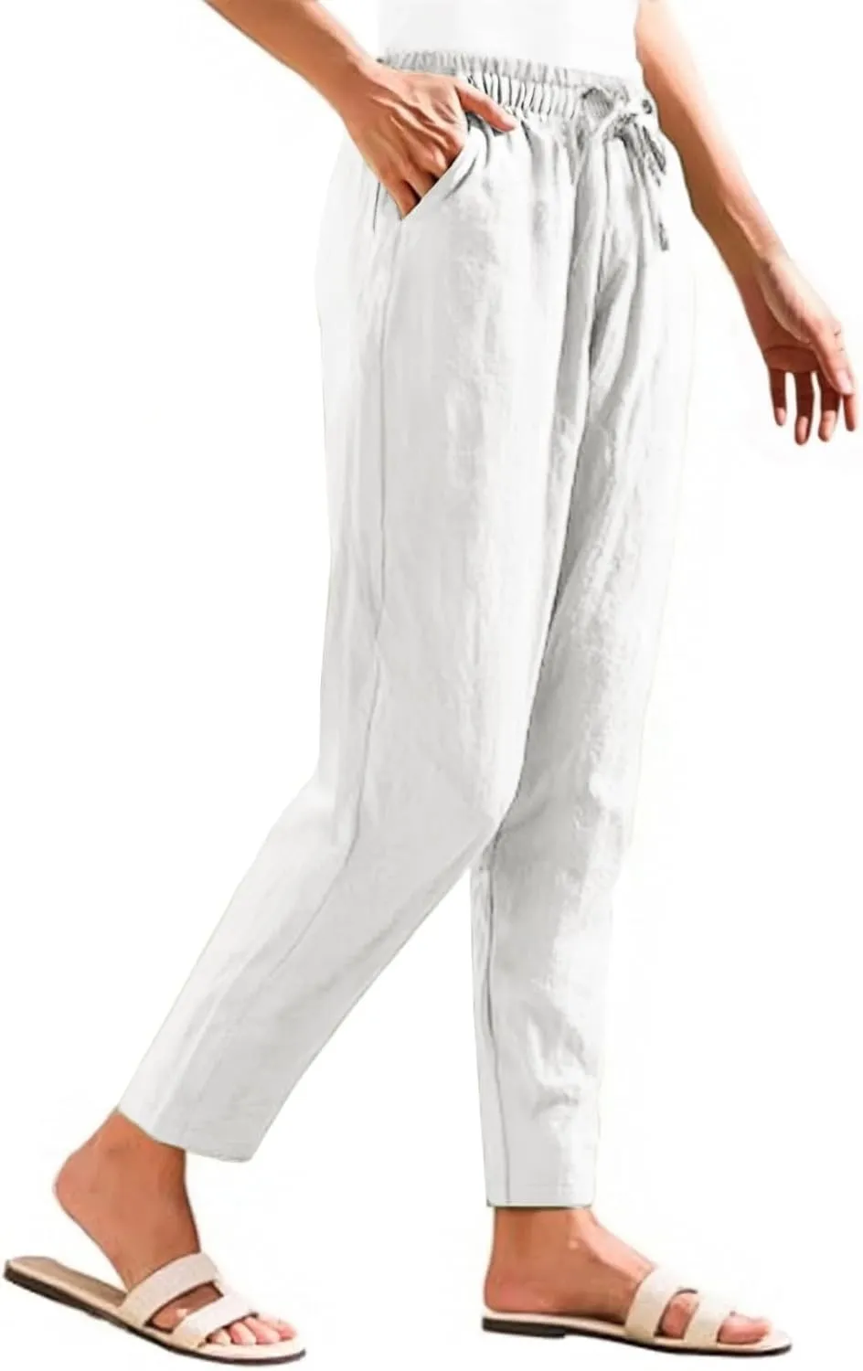 Womens Linen Pants Straight Leg Elastic Drawstring Casual Loose Trousers Summer Beach Lounge Pants with Pockets