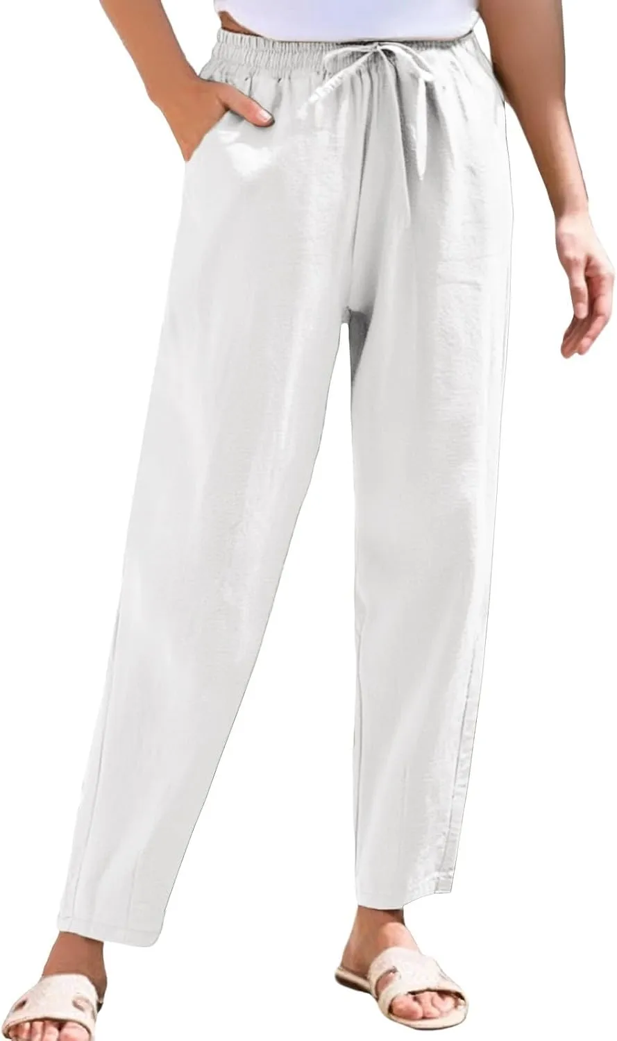 Womens Linen Pants Straight Leg Elastic Drawstring Casual Loose Trousers Summer Beach Lounge Pants with Pockets