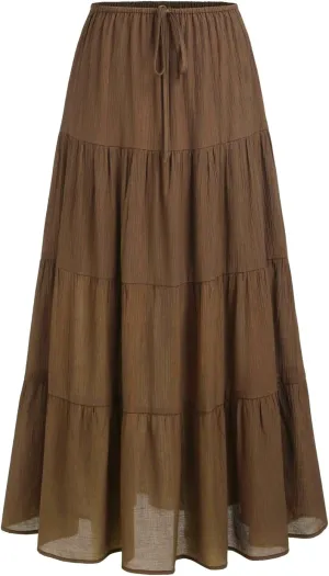 Women's Maxi Skirts Flowy Skirt Elastic High Waist Pleated A-Line Flared Long Skirts