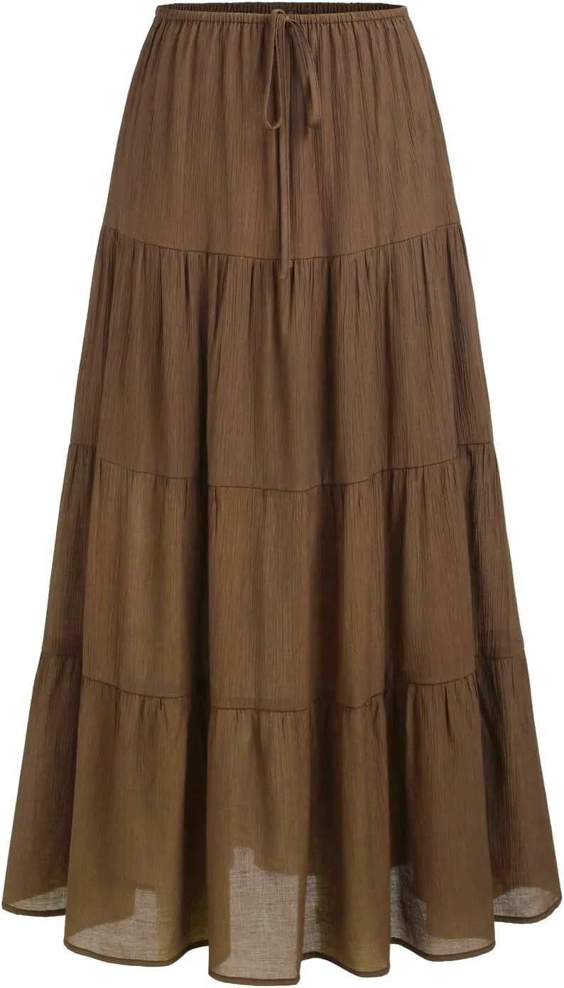 Women's Maxi Skirts Flowy Skirt Elastic High Waist Pleated A-Line Flared Long Skirts