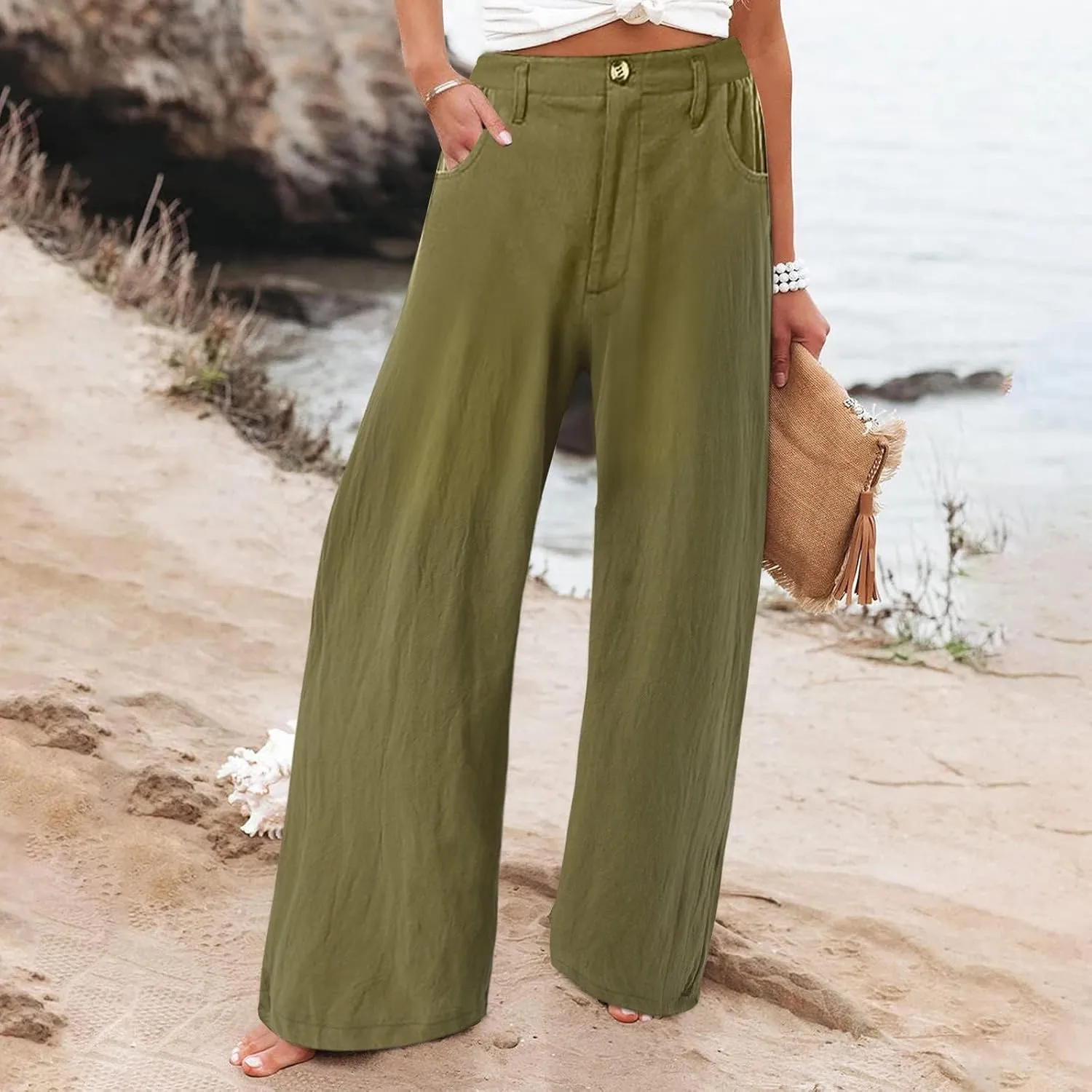 Women's Summer Linen Palazzo Pants Casual Lightweight Straight Wide Leg Trousers Elastic Band Plain Joggers Comfy Yoga Pants
