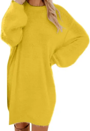 Women's Sweater Dresses Knee Length Cream Dress Trendy Plus Size Long Sleeve Crewneck Pullover