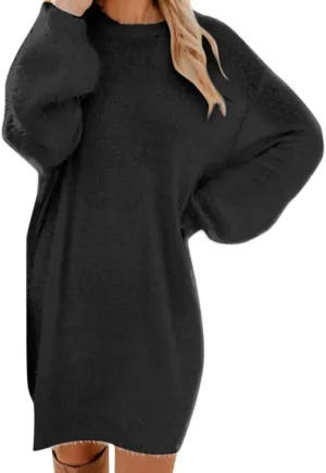 Women's Sweater Dresses Knee Length Cream Dress Trendy Plus Size Long Sleeve Crewneck Pullover